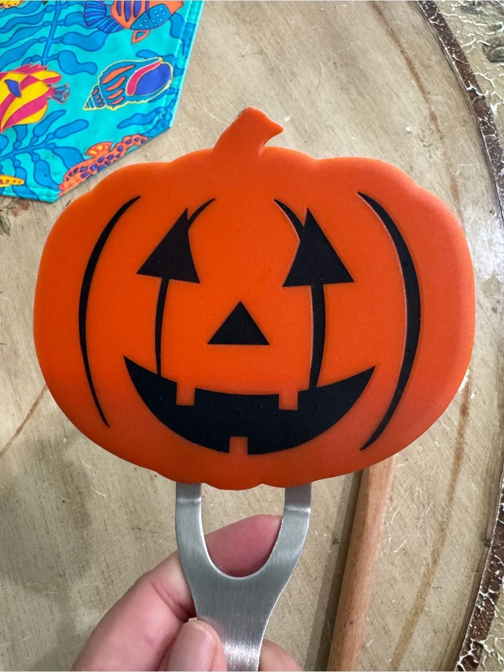 Pair of Halloween baking cooking utensils spatula pancakes eggs spooky pumpkin
